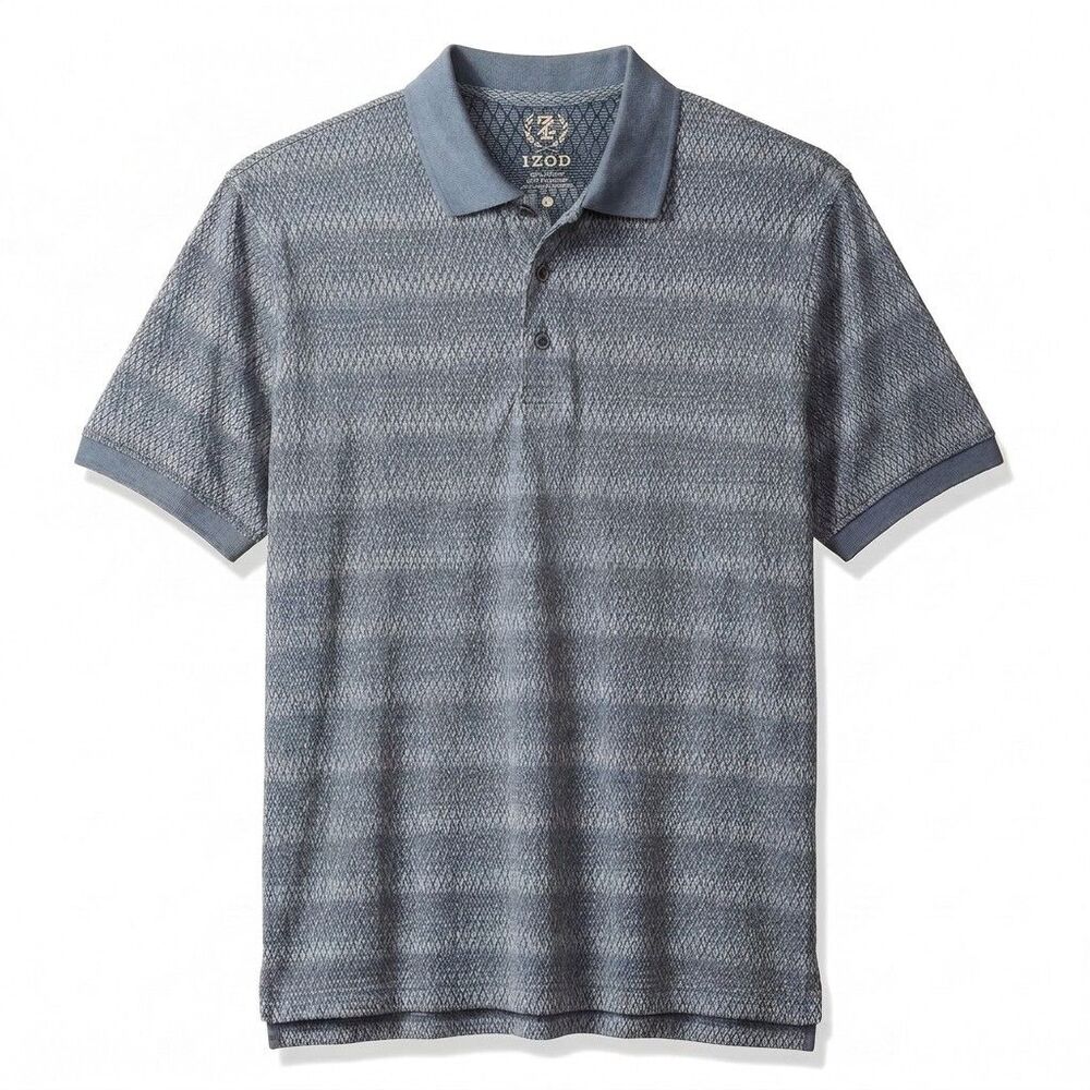 IZOD Mens Size Large L Gray Striped Textured Short Sleeve Polo Shirt Casual Top